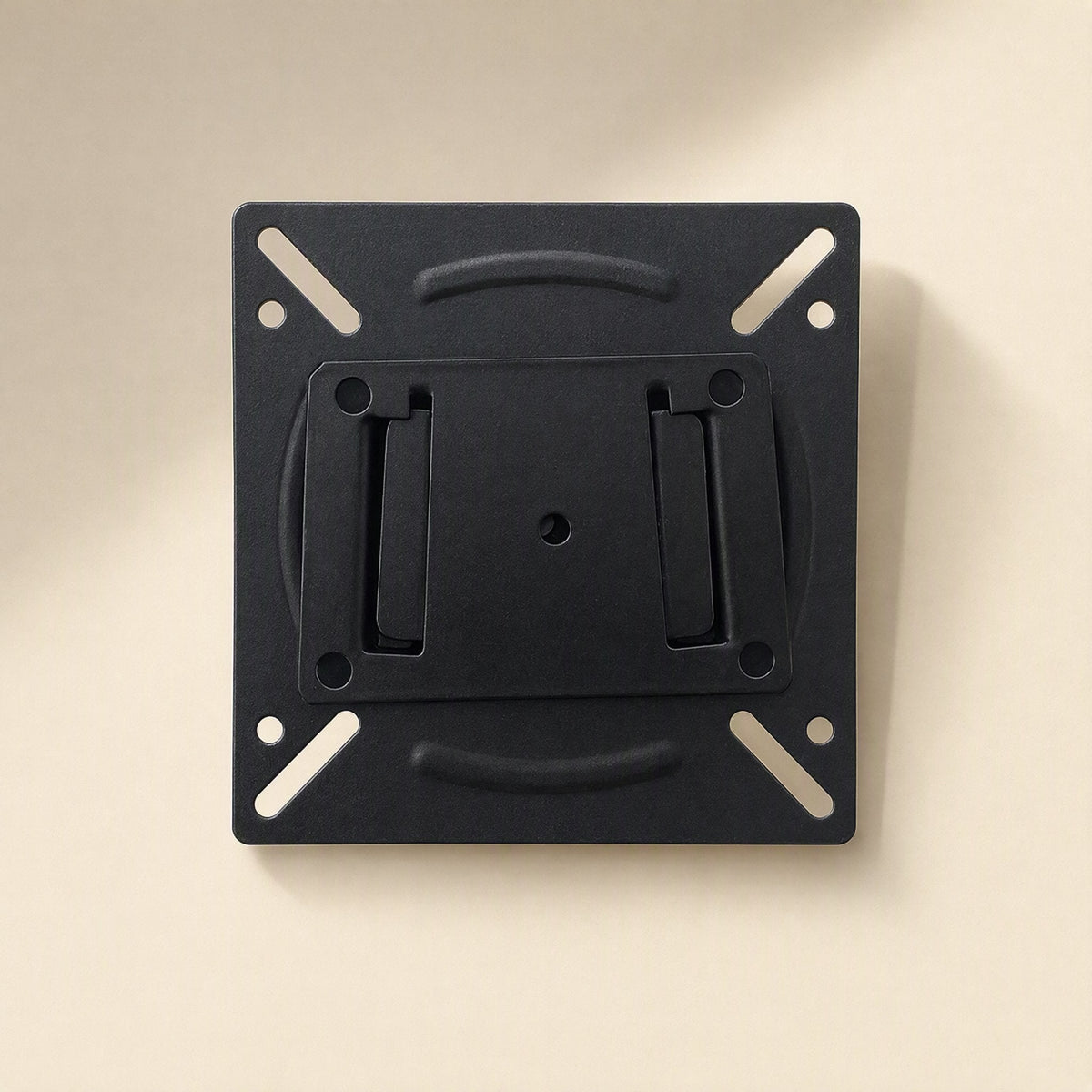 Viewbrace – Black fixed wall mount bracket with a square plate, central mounting plate and a single center screw hole