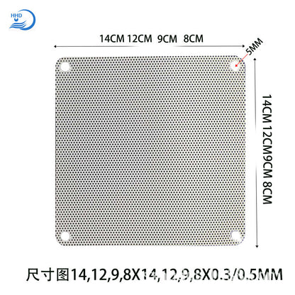 Sieveguard – Size diagram of square white fan filter showing 14, 12, 9 and 8 cm widths and 5 mm screw holes