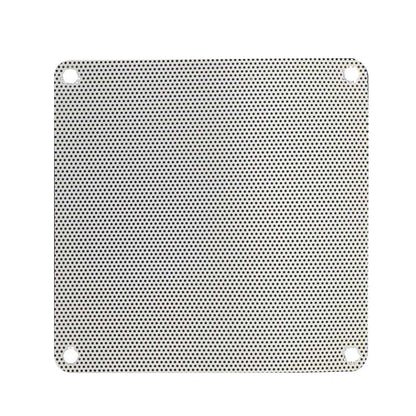 Sieveguard – Front view of white square fan filter with fine round perforations and four corner holes