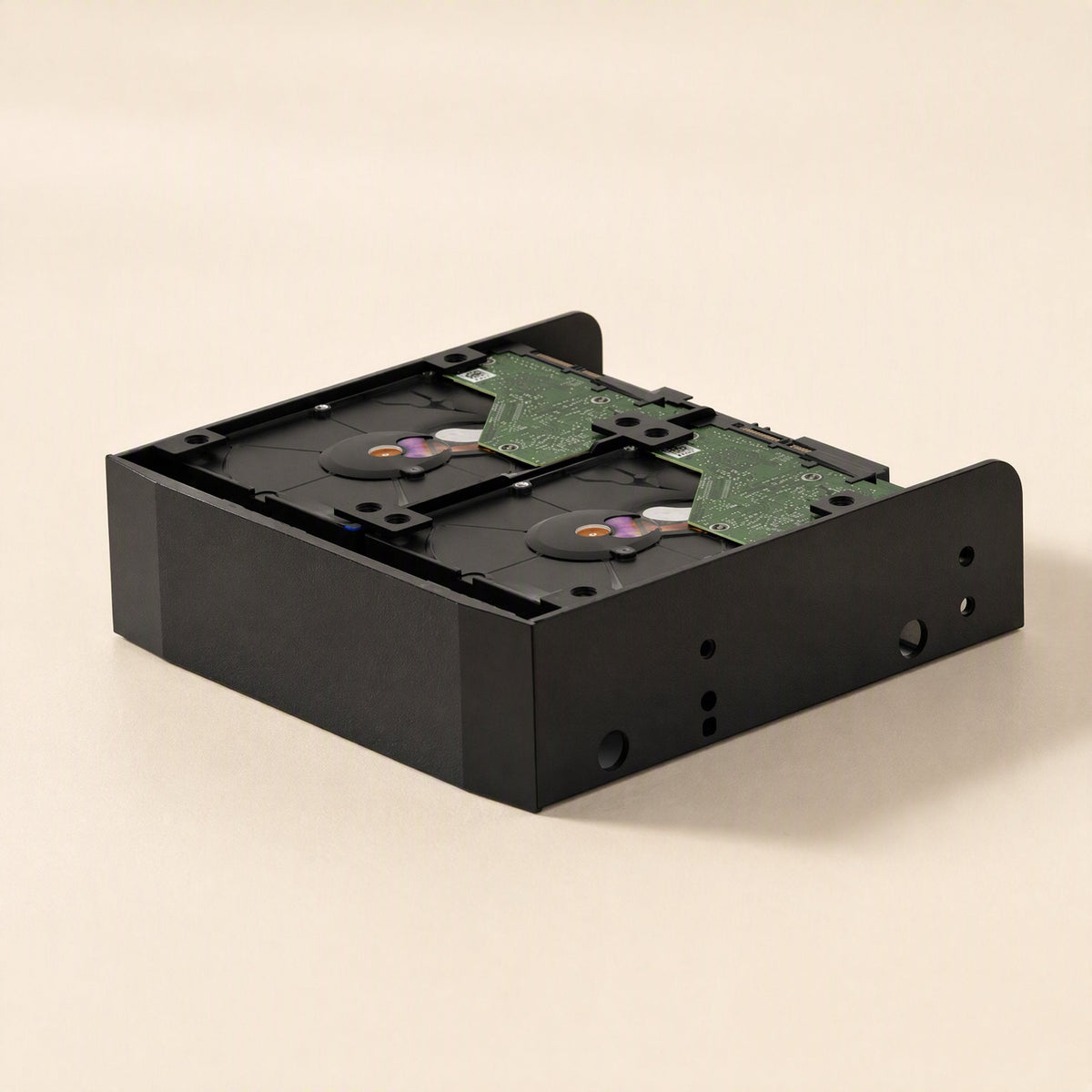 Baybridge 5.25-Inch to 3.5-Inch Hard Disk Bracket in black holding two hard drives, angled top view