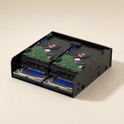 Baybridge – Bracket loaded with four 3.5-inch hard drives in two stacked rows, green circuit boards facing out