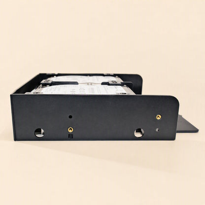 Baybridge – Side view of the black bracket showing round cutouts, threaded screw holes and two drives mounted inside