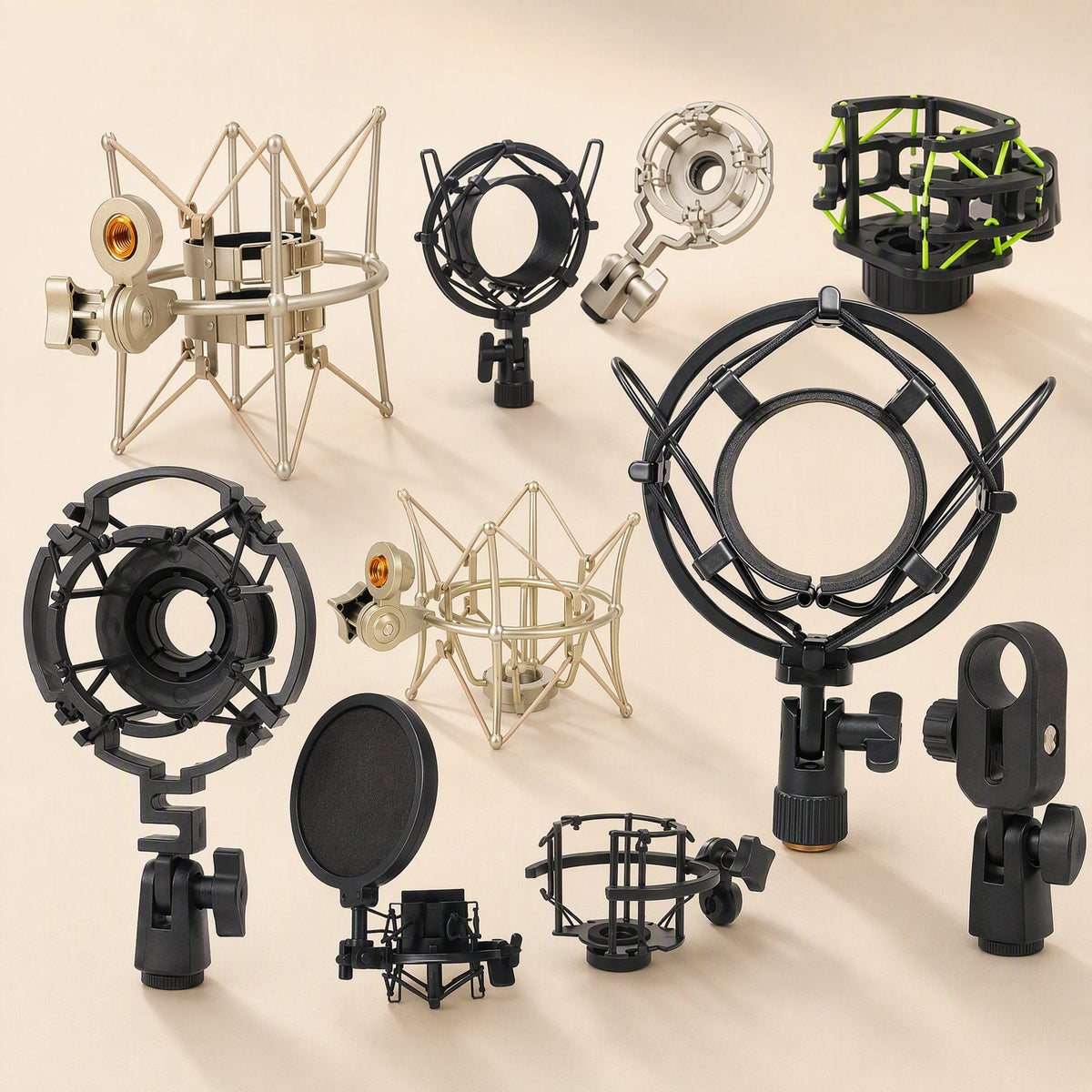 Shockbrace Microphone Shock Mount Bracket in several black, gold and silver styles on a beige background