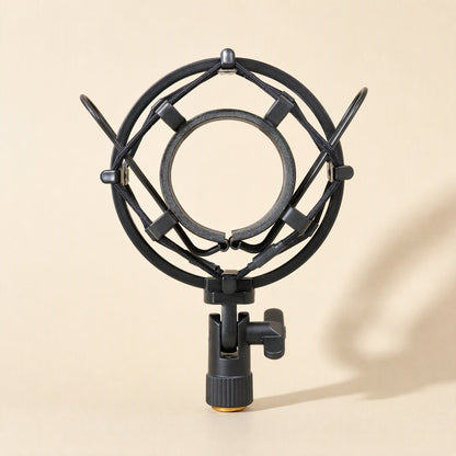 Shockbrace – Black round suspension shock mount with elastic bands and a threaded stand base, front view