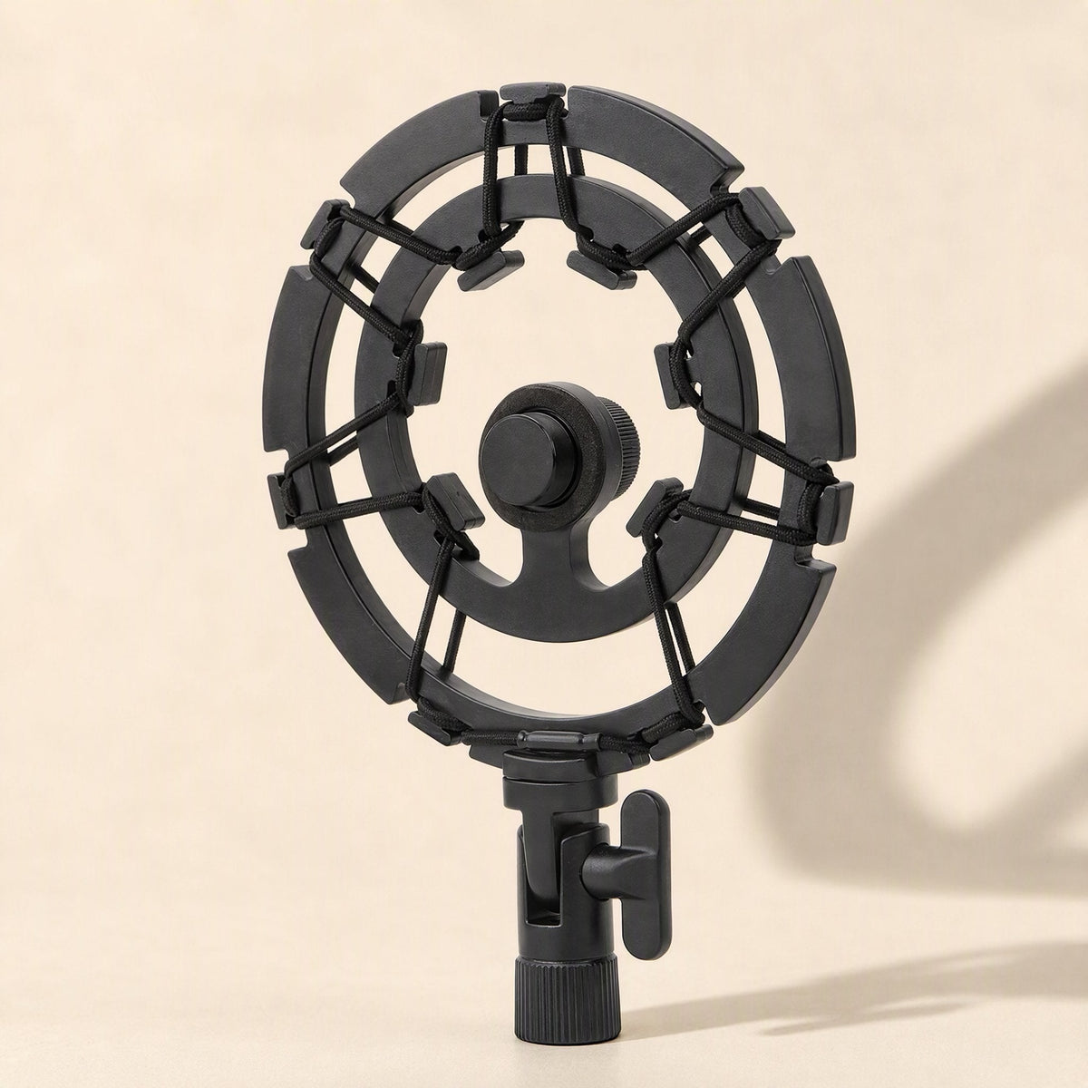 Shockbrace – Black thick-ring shock mount with a center screw mount and elastic band suspension, front view