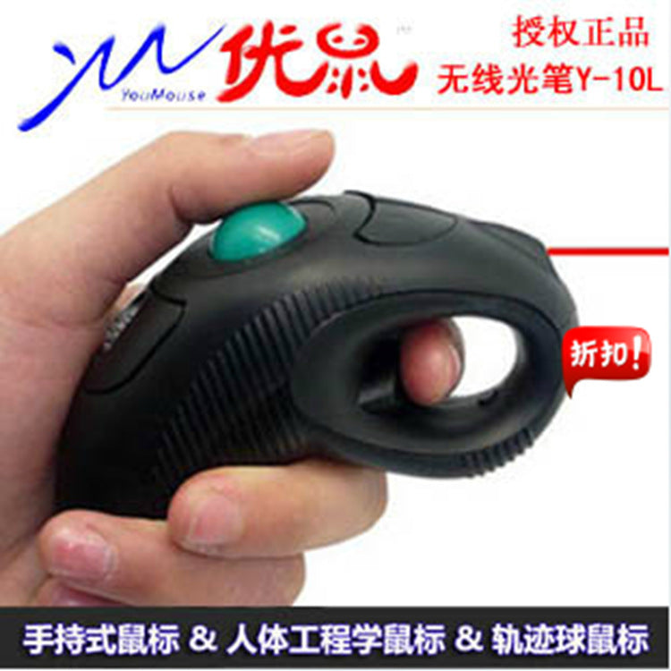 Orbitgrip – Hand holding the black mouse with green trackball, index finger through the grip loop, with Chinese product text