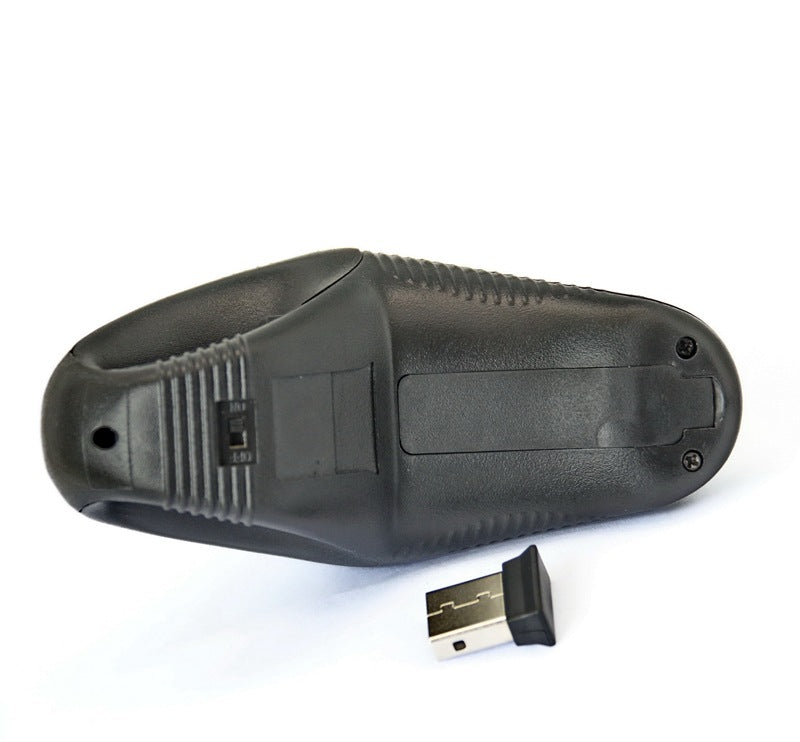 Orbitgrip – Underside of the black mouse showing battery cover, power switch and a small USB receiver beside it