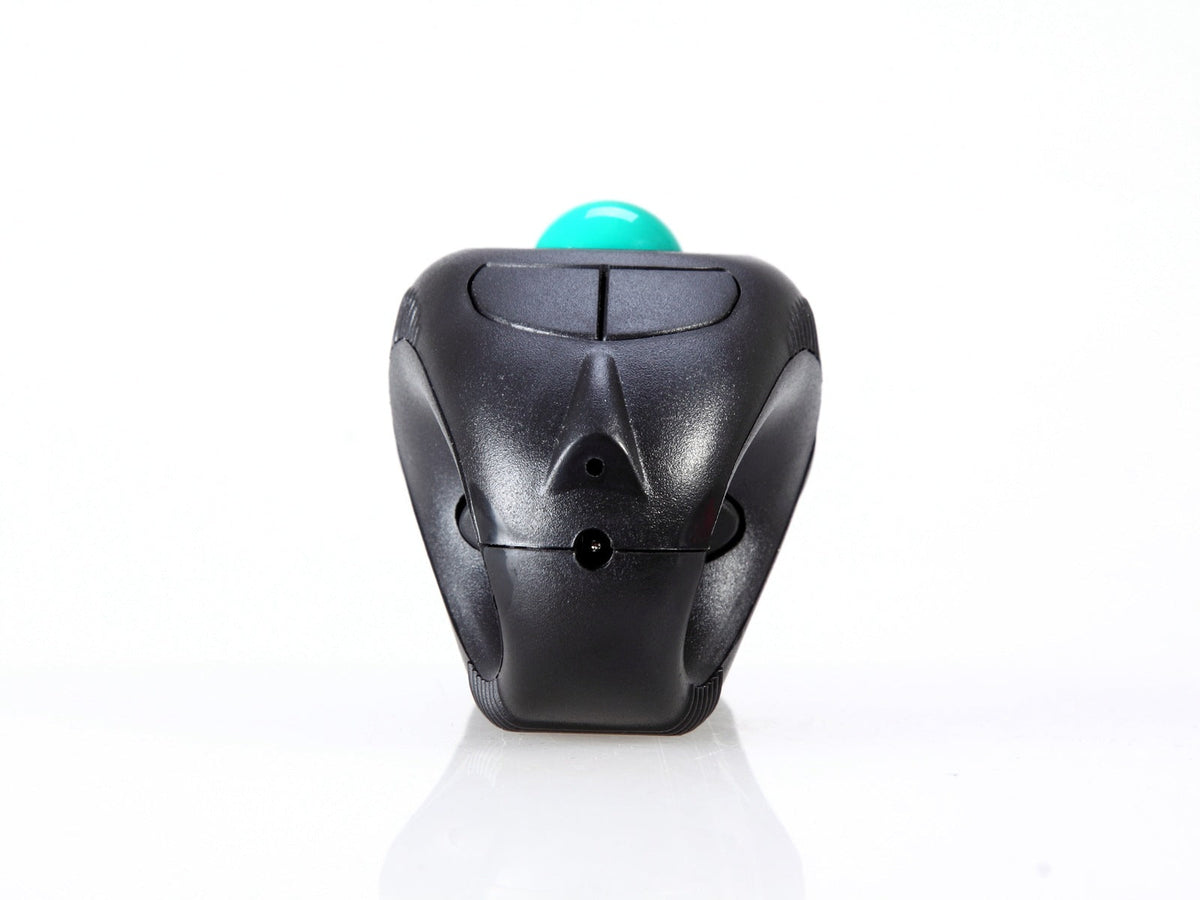 Orbitgrip – Front view of the black mouse with green trackball and two buttons on a white background