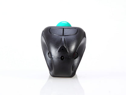 Orbitgrip – Front view of the black mouse with green trackball and two buttons on a white background