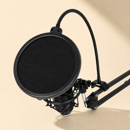 Popmesh Black Microphone Pop-Up Net Cover mounted on a boom arm in front of a black condenser microphone