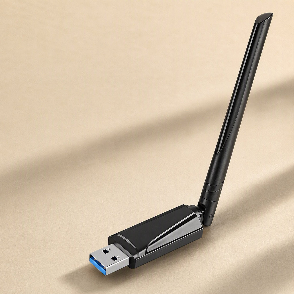 Wavebeam WiFi 6 Wireless Network Card, black USB adapter with a single tilted antenna and blue USB 3.0 plug