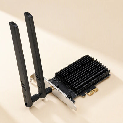Wavebeam – Black PCIe network card with two antennas, a ribbed heatsink and a metal mounting bracket