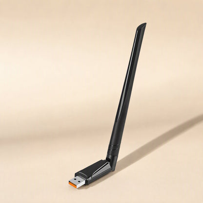 Wavebeam – Black USB wireless adapter with a tall angled antenna and an orange-tipped USB connector