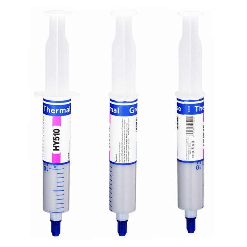 Grayline – Three HY510 syringes shown from front, side and back, with blue caps and gray paste visible