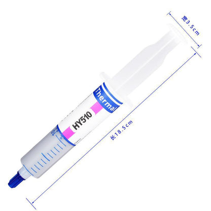 Grayline Gray Silicone Thermal Paste – HY510 syringe at an angle with length 18.5 cm and width 3.5 cm dimension lines