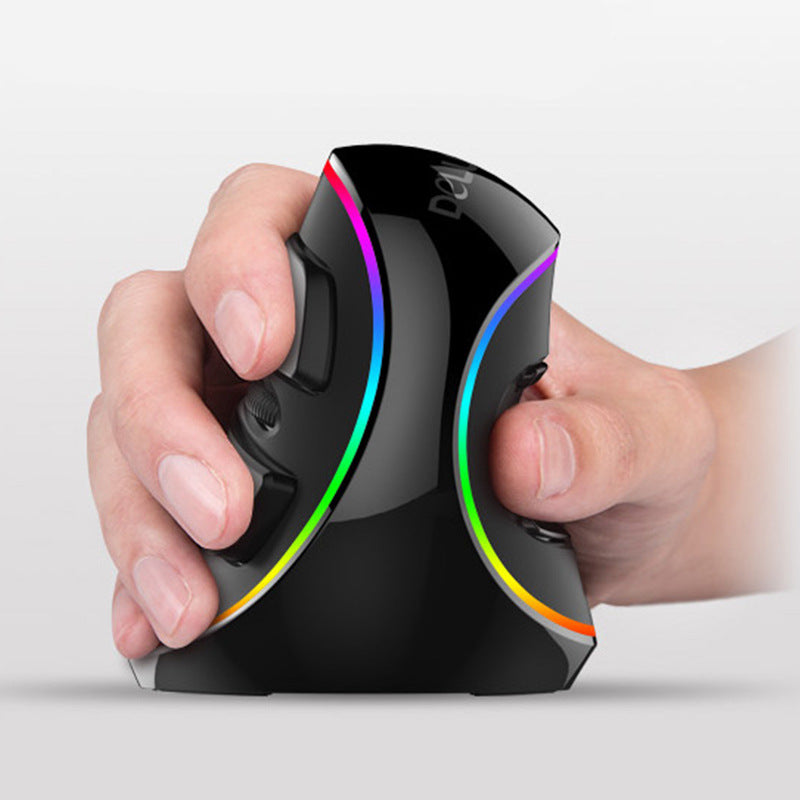 Wiredease Vertical Wired Mouse gripped in a hand, with a rainbow LED strip along its black curved side