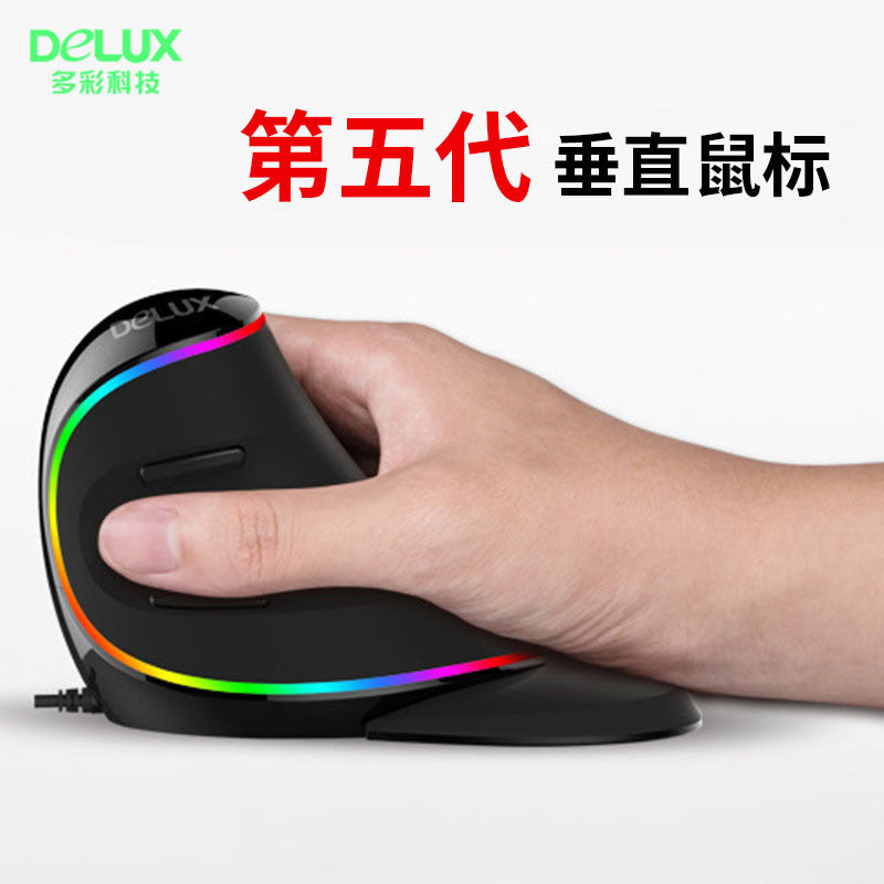 Wiredease – Hand resting on the vertical mouse from the side, rainbow lighting and Chinese promo text above