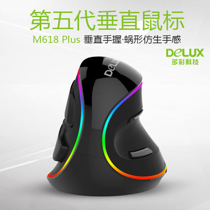 Wiredease – Front view of the black vertical mouse with glossy finish, rainbow light strip and thumb buttons