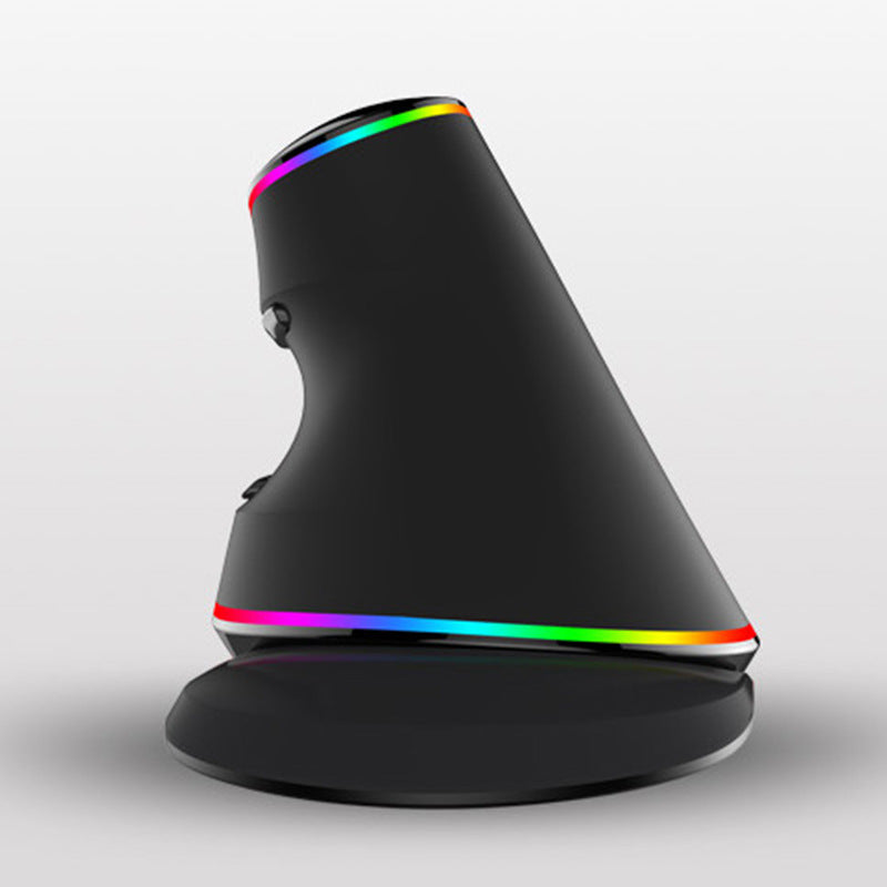 Wiredease – Side profile of the angled mouse upright on a round base, with rainbow lighting at top and bottom