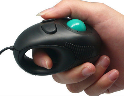 Trackball Wired Trackball Mouse held in a hand with a finger through the loop and teal ball under the thumb