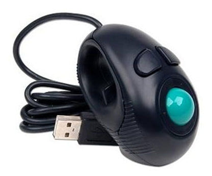 Black wired trackball mouse with coiled USB cable, side view showing teal ball and two buttons