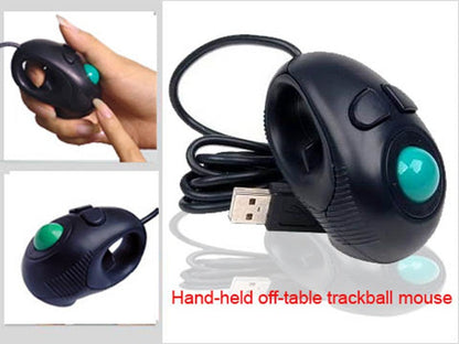 Hand-held off-table trackball mouse in three views: held in hand, from the side, and with USB plug in front
