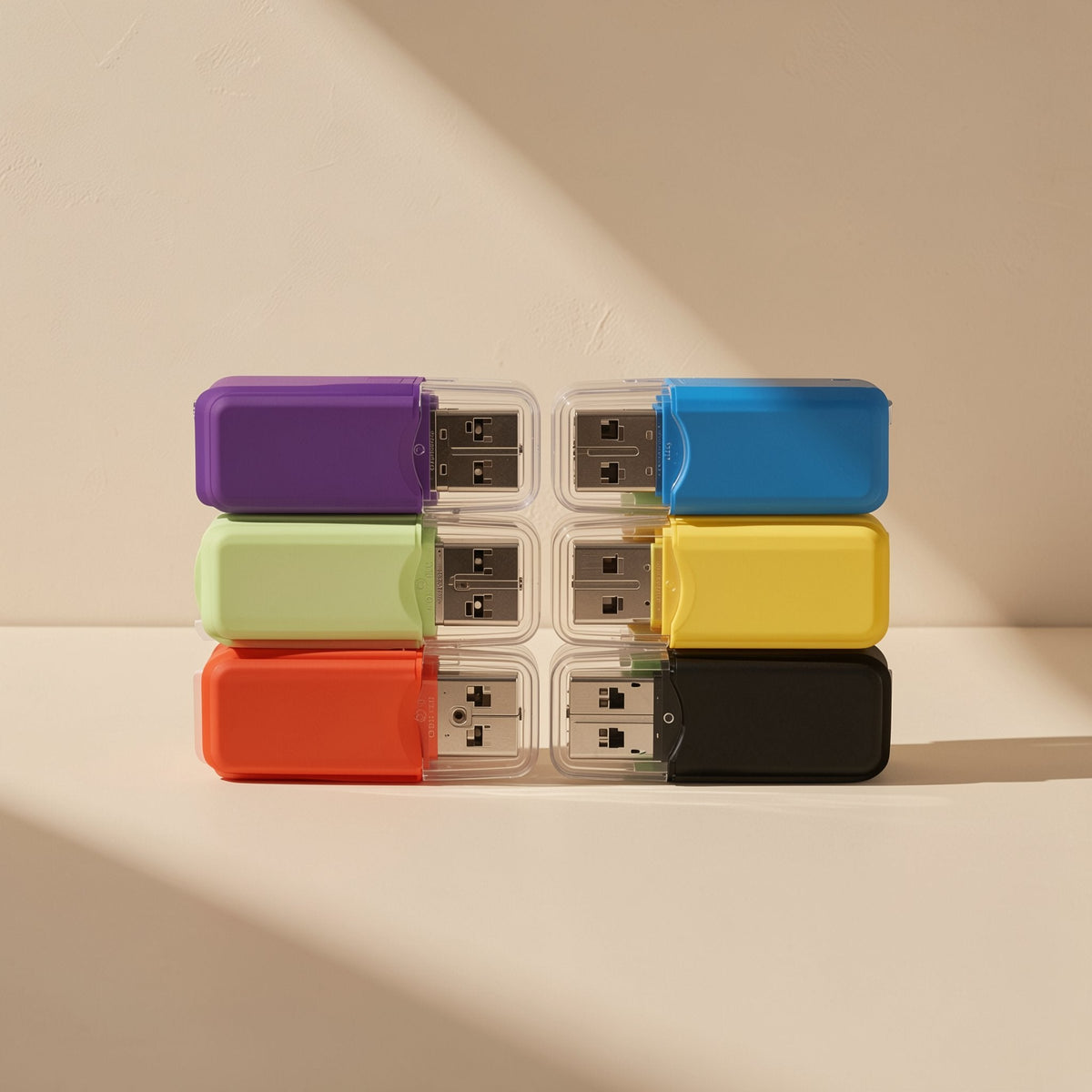 Slotlink USB 2.0 TF Card Reader in purple, green, orange, blue, yellow and black, stacked in two columns