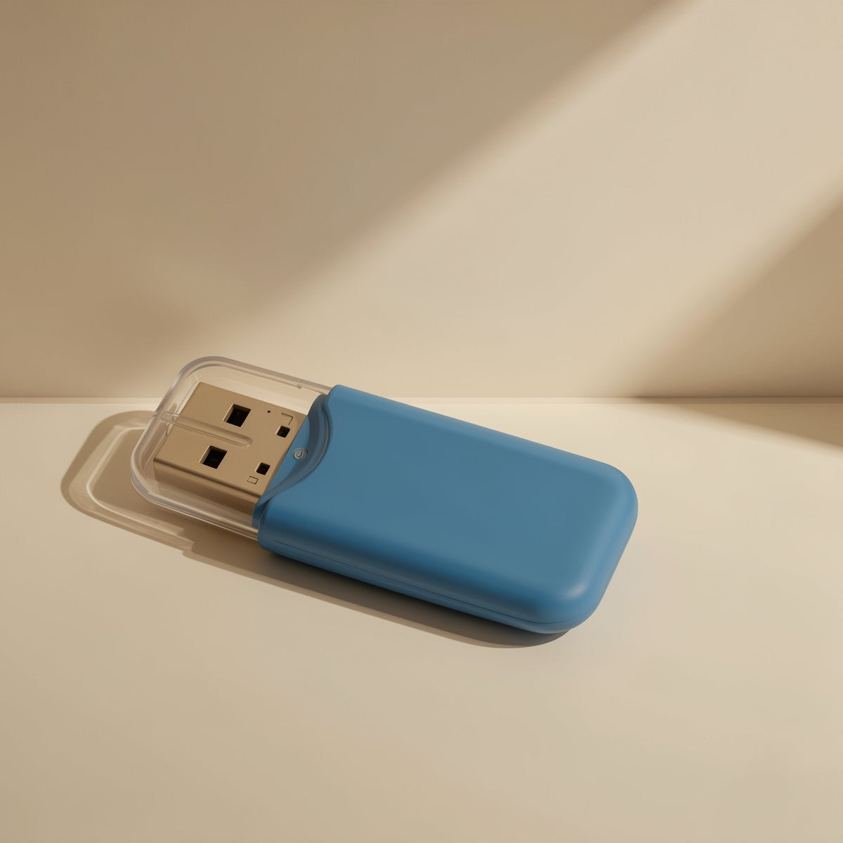 Slotlink – Blue card reader with clear plastic cap lifted, showing the USB connector, resting at an angle on a cream surface