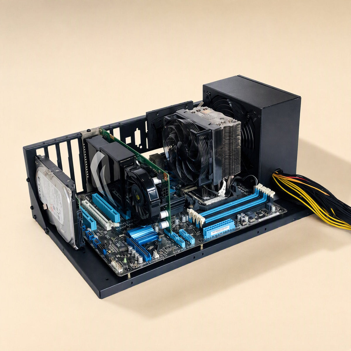 Servernest Steel ATX Server Computer Case open rack frame holding a motherboard, CPU cooler, GPU and hard drive