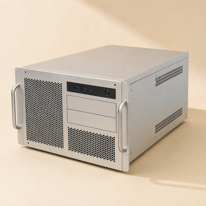 Servernest – Silver enclosed rack-mount server chassis with side handles, perforated front panel and two drive bays