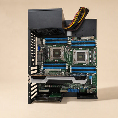 Servernest – Top-down view of the open frame with a dual-CPU motherboard, many RAM slots, graphics card and power supply
