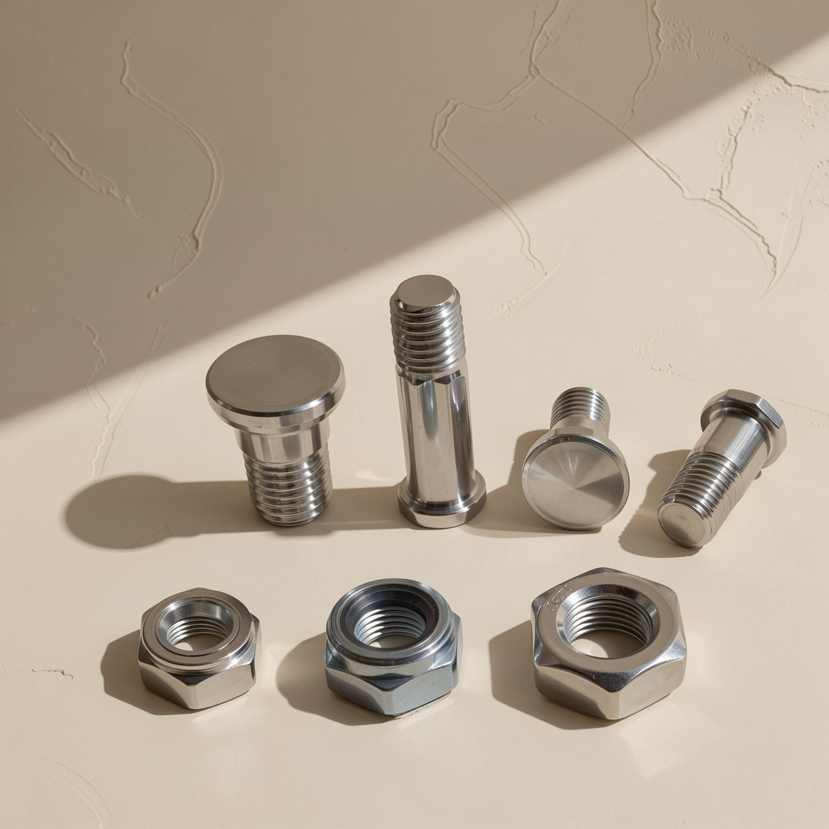 Hingehold Metric LCD Monitor Hinge Screw with round heads beside three hex nuts on a cream surface