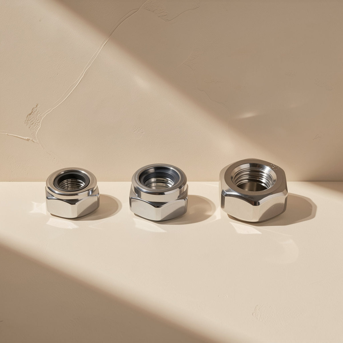 Hingehold Metric LCD Monitor Hinge Screw – three silver hex nuts in a row on a cream surface in angled sunlight