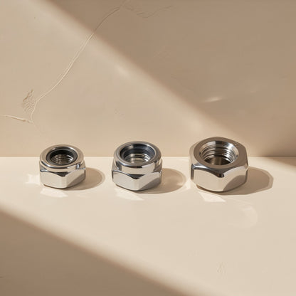 Hingehold Metric LCD Monitor Hinge Screw – three silver hex nuts in a row on a cream surface in angled sunlight