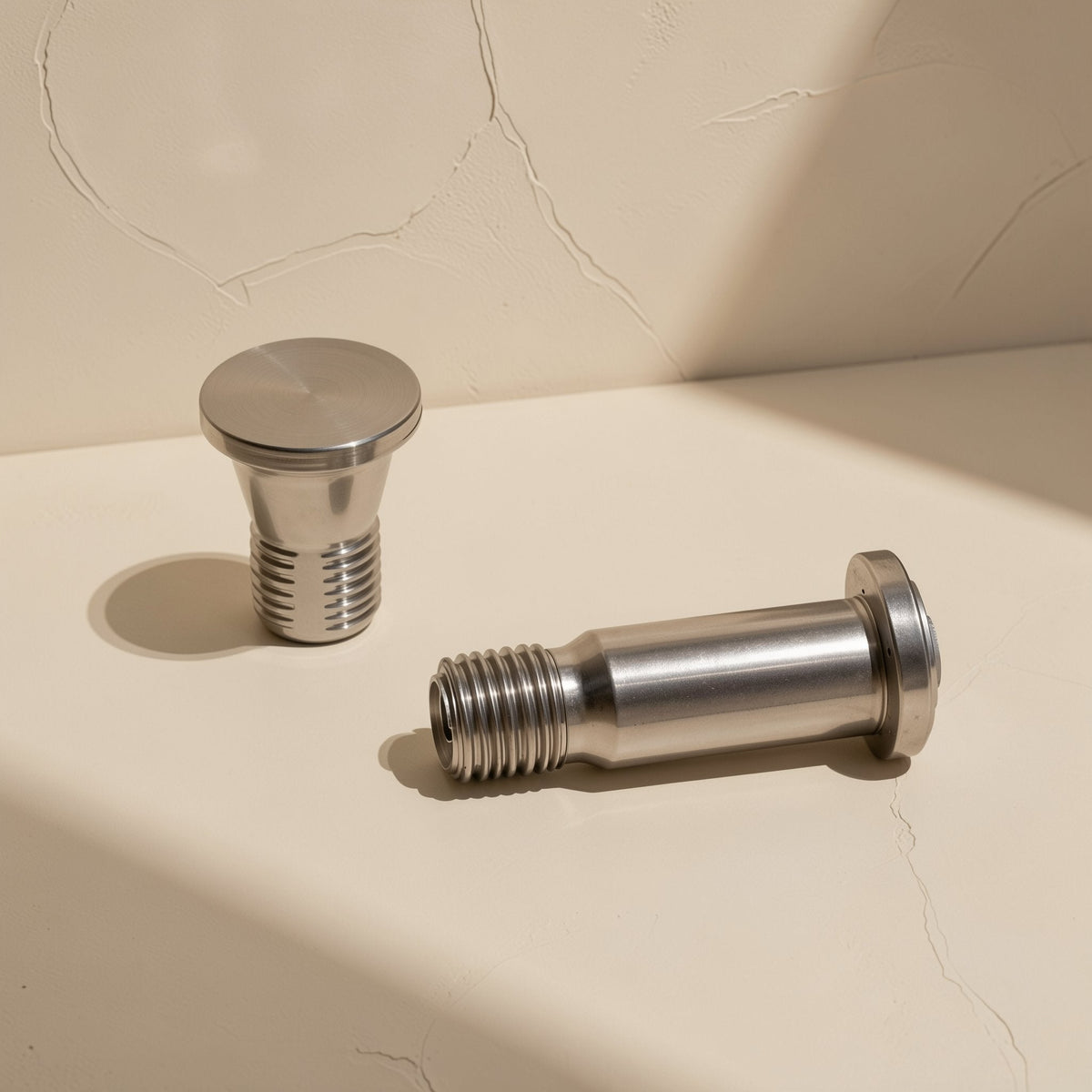 Hingehold – Two round-head hinge screws, one upright and one on its side, showing threads on a cream surface