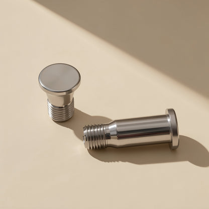 Hingehold – Close view of two round-head screws with flat tops and threaded shanks in soft light