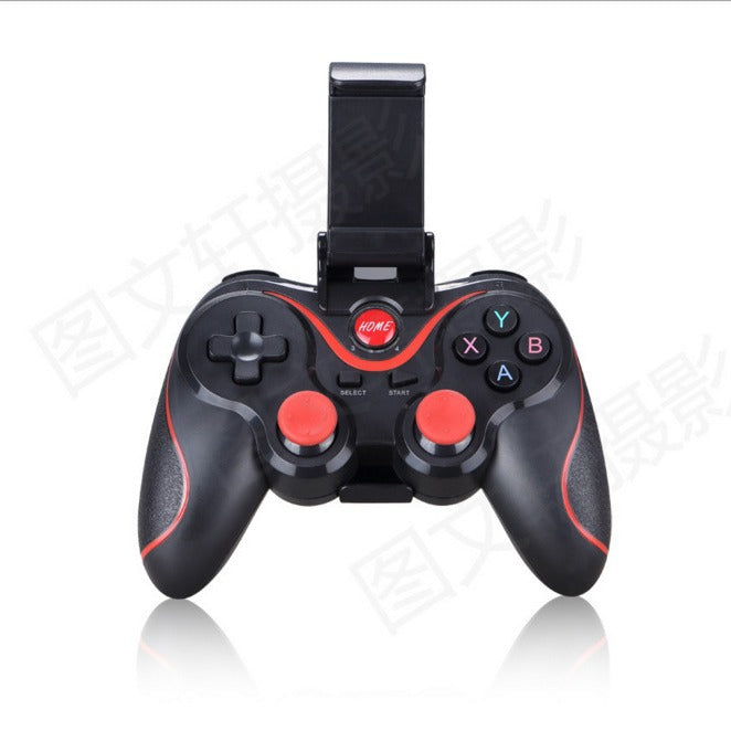Playglide – Black controller with a spring-loaded phone clamp extended above the HOME button, front view