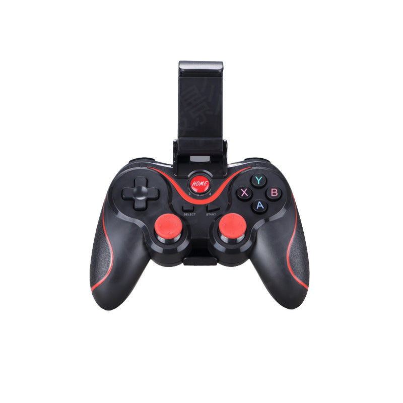 Black Playbud controller with red thumbsticks and HOME button, shown with phone holder clip attached