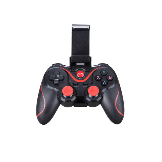 Black Playbud controller with red thumbsticks and HOME button, shown with phone holder clip attached