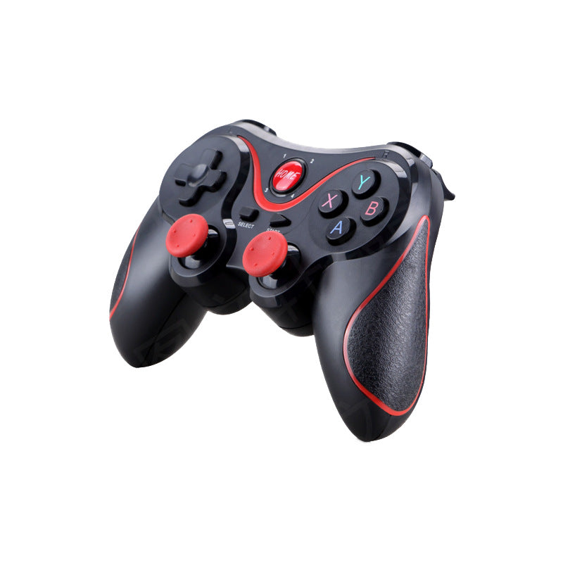 Black Playbud controller seen from a three-quarter angle with red thumbsticks and textured grips