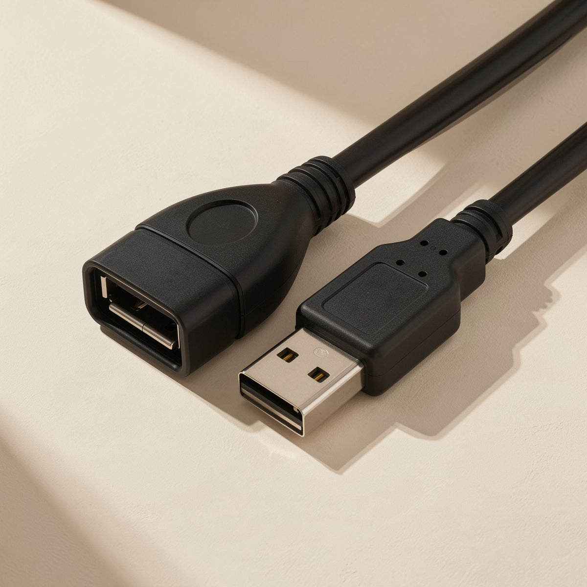 Reachcord Copper USB Extension Cable with female and male USB-A connectors side by side on a cream surface