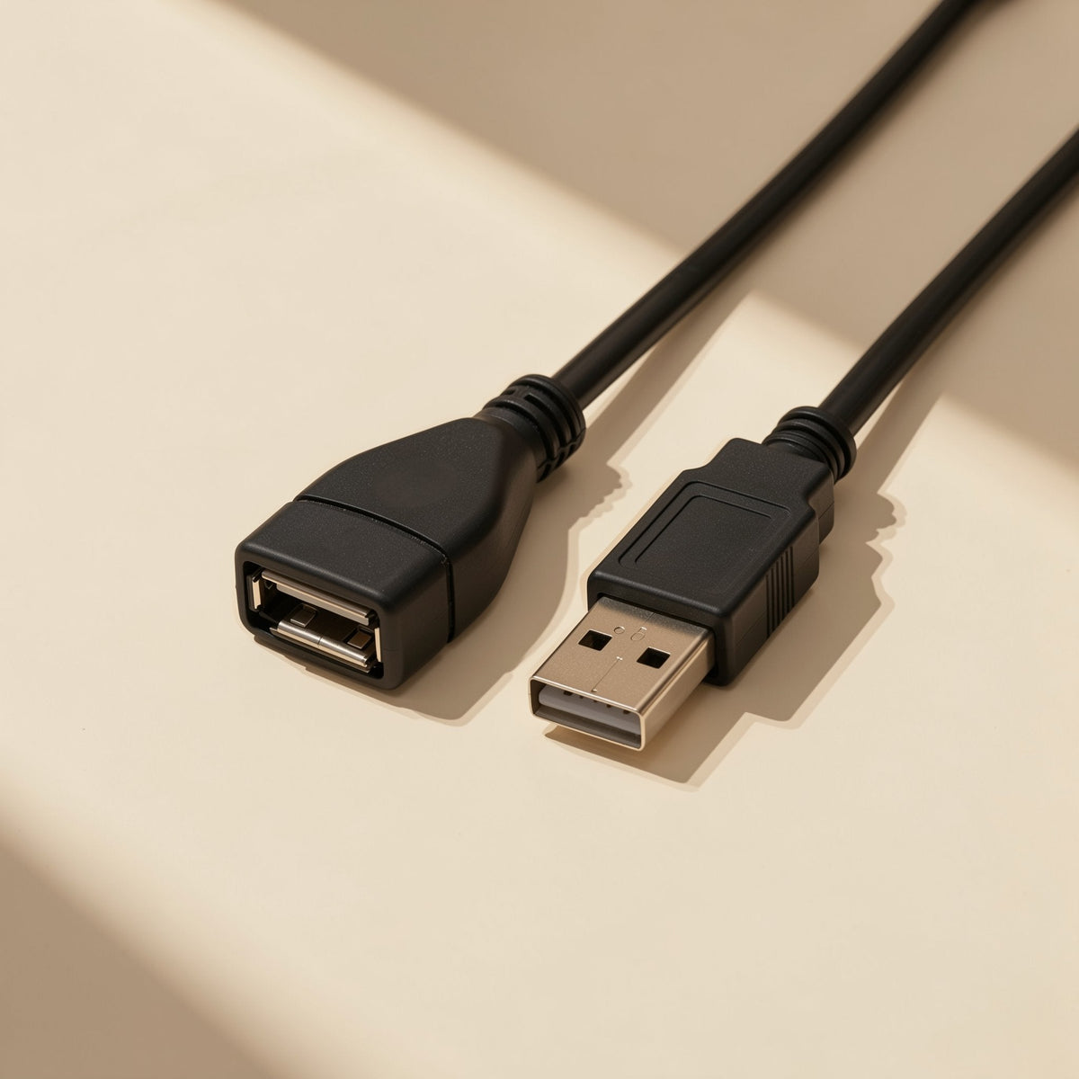 Reachcord – Top-down view of both cable ends, the female USB-A socket beside the male plug, on a beige background