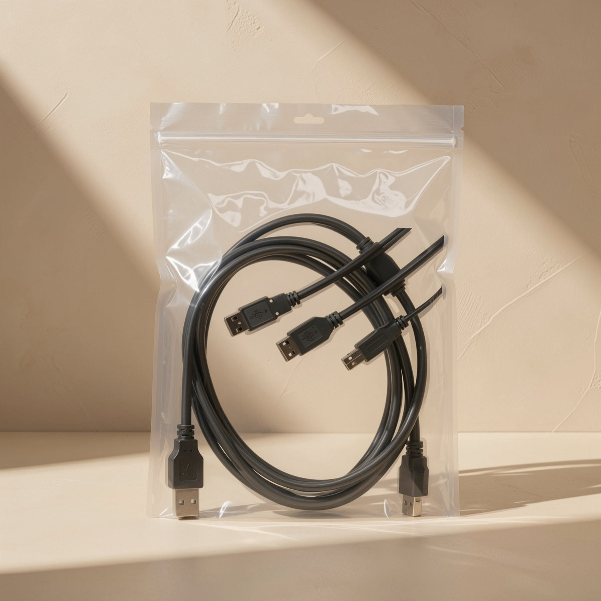 Reachcord – Black USB extension cables coiled inside a clear zip-top plastic bag, shown upright in soft sunlight