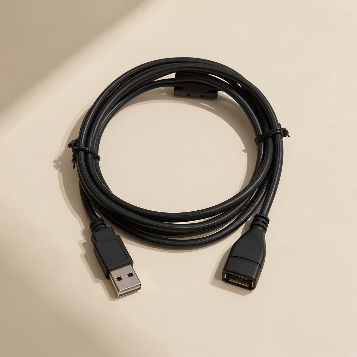 Reachcord – Coiled black USB extension cable with male plug and female socket, tied with small black ties, on cream