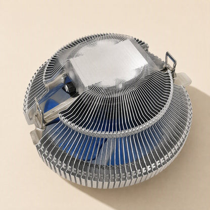 Metalbreeze – Underside of the aluminum cooler showing radial fins, flat base plate and metal mounting clips