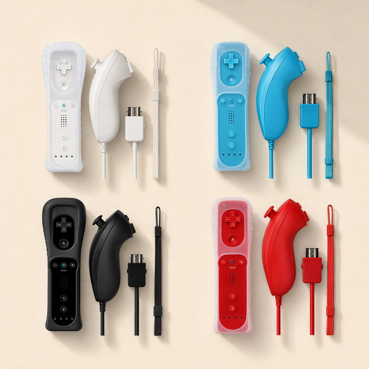 Playgrip Wii game controller handles: white, blue, black and red remotes with silicone sleeves and nunchuks
