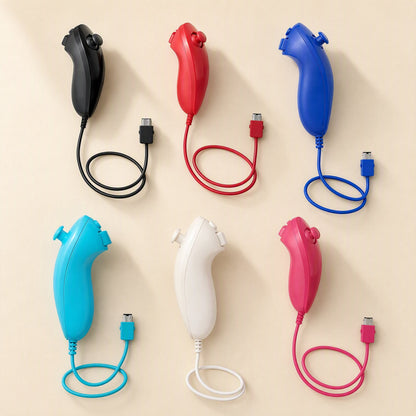 Playgrip – Six wired nunchuks in black, red, blue, light blue, white and pink, each with a coiled cable and connector