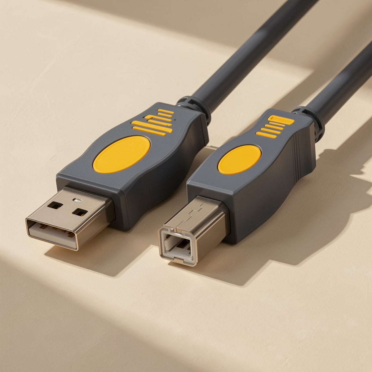 Printcord USB printer cable, gray with yellow accents, USB-A and USB-B connectors side by side on beige