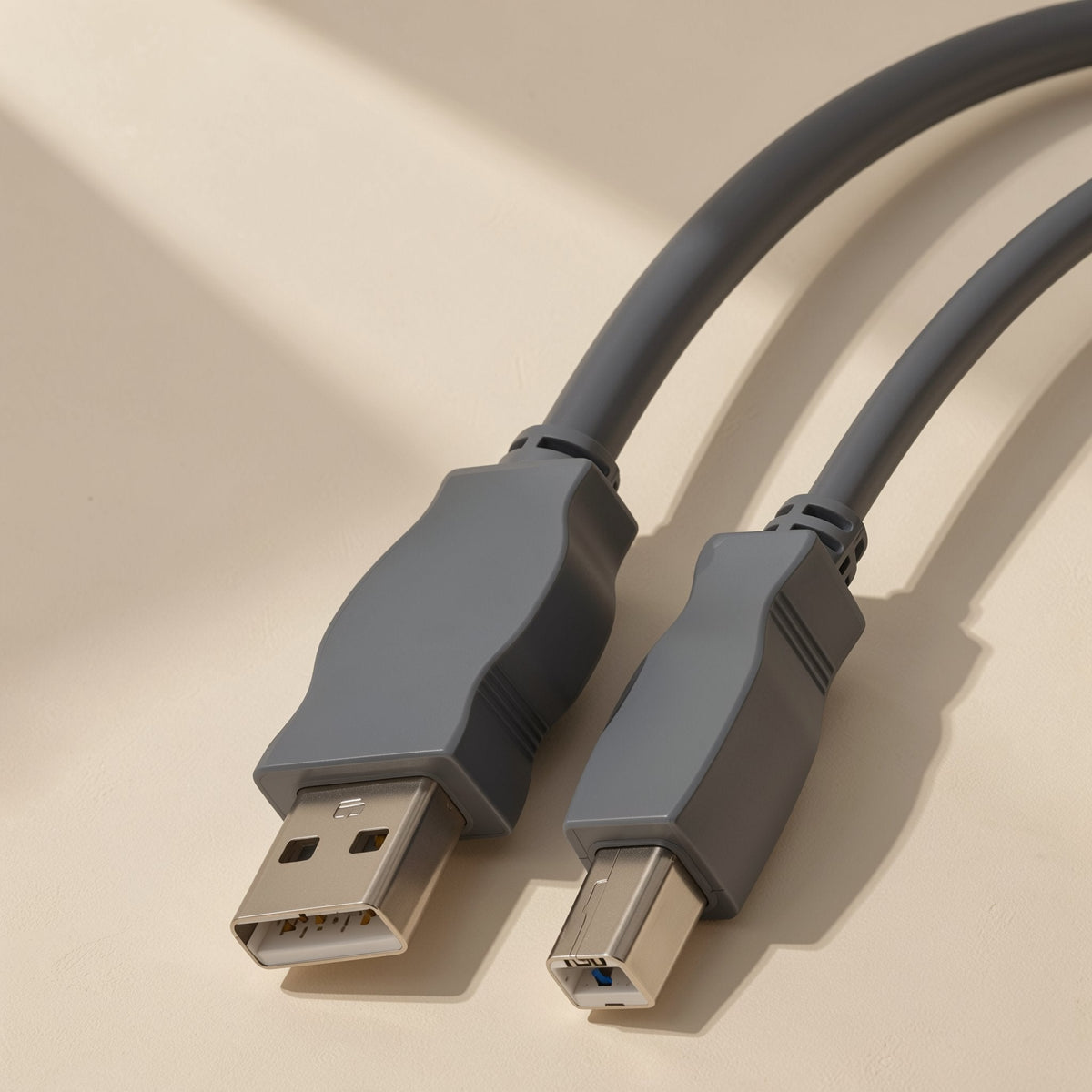 Printcord – Close-up of gray USB-A and USB-B plug ends with cables curving away, soft shadows on a cream surface