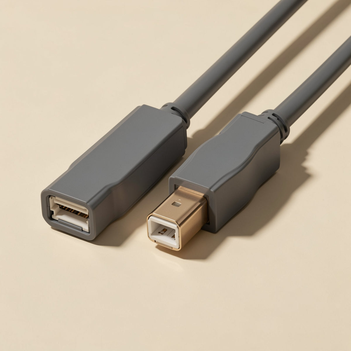 Printcord – Gray USB-B plug with gold contacts beside a gray female USB port end on a plain beige background